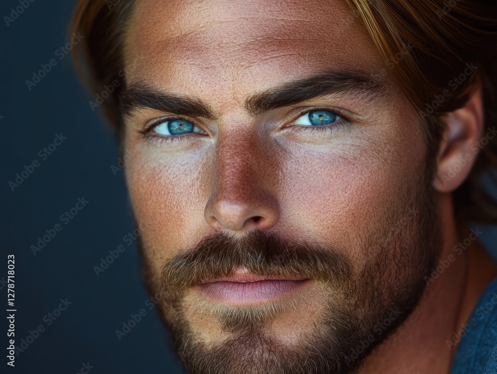 Close-up portrait of a man with striking blue eyes and a well-groomed beard, set against a dark background, exuding confidence Close-up portrait of a man with striking blue eyes and a well-groomed beard, set against a dark background, exuding confidence
