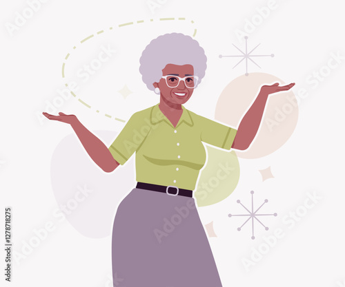 Senior woman african american old lady, kind grandmother amuse pose. Experienced grandma older elegant nice looking granny elderly person. Vector flat style cartoon illustration creative background