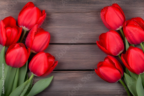 Red Tulips on Wood Backgrou...