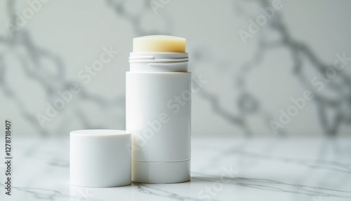 Close-up of deodorant stick with stylish packaging on light marble background with modern simplicity