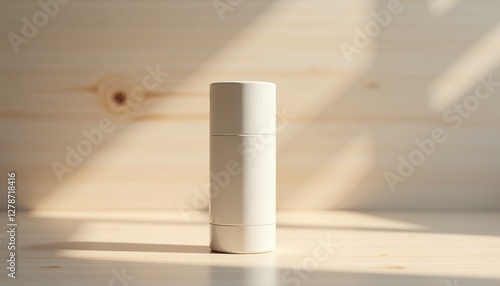  Photorealistic deodorant stick mockup with elegant packaging on light wooden surface with soft shadows