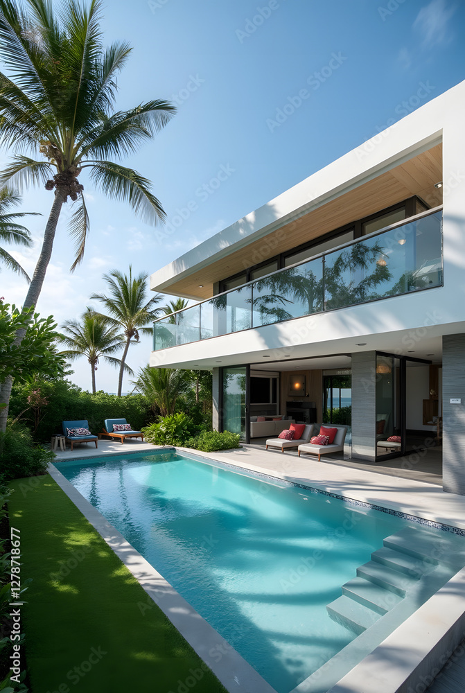 Fototapeta premium Luxury modern beachfront villa with a stunning blue pool, lush tropical garden, panoramic ocean views, and elegant contemporary architecture.