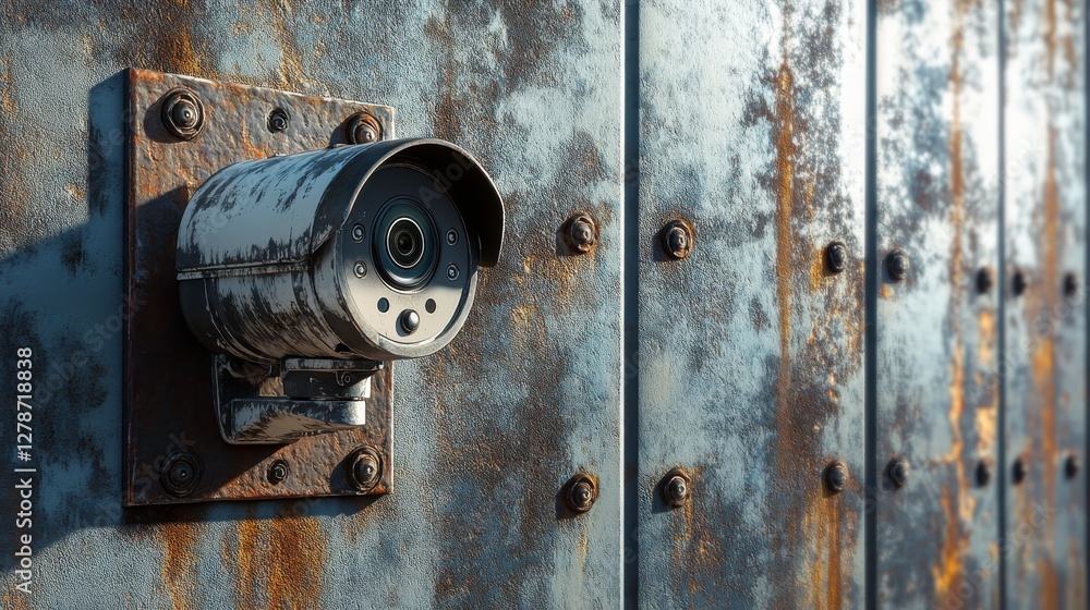 A weathered security camera mounted on a rusty metal wall, showcasing a blend of industrial design and decay. A weathered security camera mounted on a rusty metal wall, showcasing a blend of industrial design and decay.