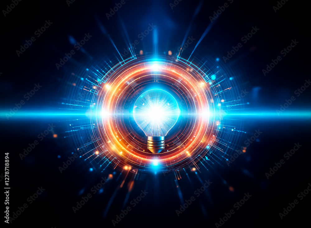 Fototapeta premium Bright light bulb with radiating blue and orange energy bursts and circular designs on a dark background.