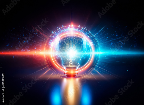 Wallpaper Mural A glowing lightbulb, its filament replaced by a circuit board, radiates blue energy.  Particles stream from its surface against a dark background, suggesting innovation and technological advancement. Torontodigital.ca