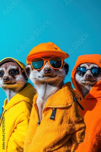 Meerkats dressed in colorful hoodies and sunglasses posing together in a playful outdoor setting, showcasing vibrant wildlife and animal adventure fun.