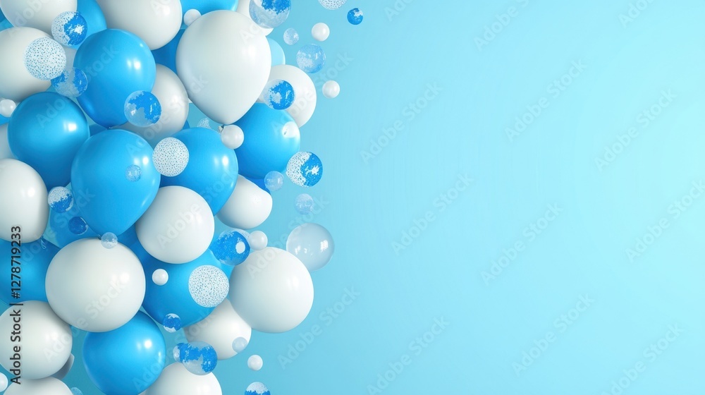 Vibrant Collection of Blue and White Balloons and Bubbles Against a Soft Blue Background for Celebrations Vibrant Collection of Blue and White Balloons and Bubbles Against a Soft Blue Background for Celebrations
