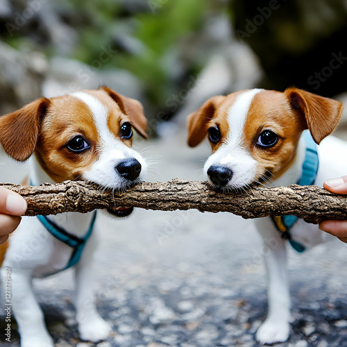 Playful Puppies Tugging Sti...