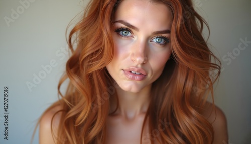 Wallpaper Mural Thoughtful woman with wavy red hair on neutral background for beauty advertisement Torontodigital.ca