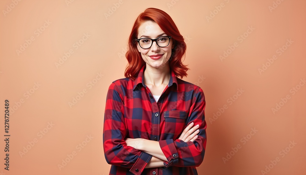 Fototapeta premium Confident red-haired woman in plaid shirt, arms crossed, professional portrait