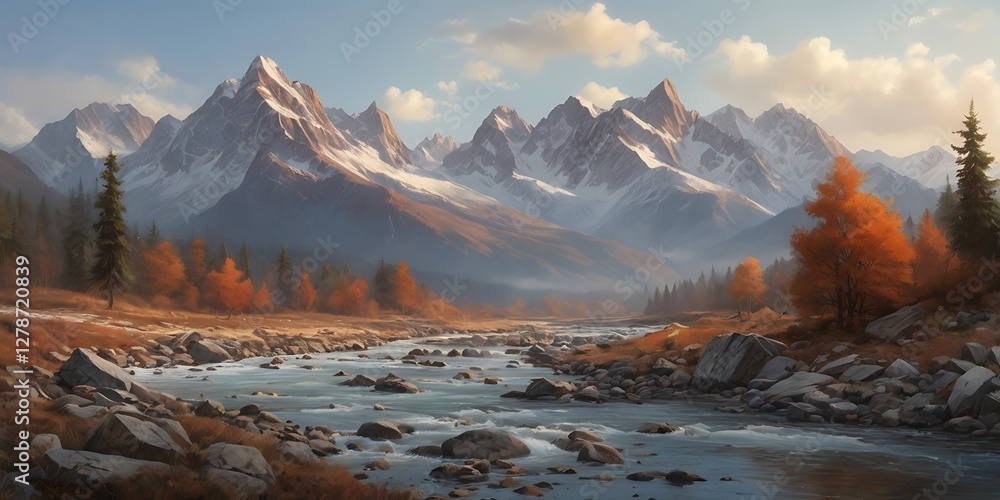 Obraz premium Scenic Mountain Landscape with Snow-Capped Peaks, Evergreen Forest, and Frozen River in Serene Valley