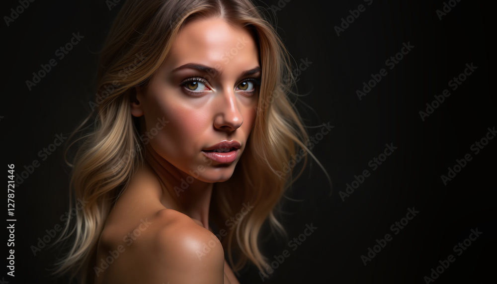 Fototapeta premium Pensive blonde woman gazing softly on dark background, perfect for editorial content