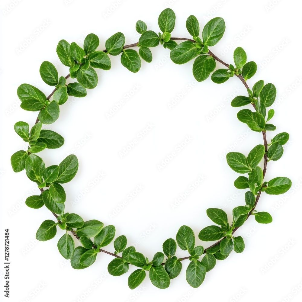 Fresh green herb wreath circle frame on white background. Possible use Presentation of food, nature, or other elements Fresh green herb wreath circle frame on white background. Possible use Presentation of food, nature, or other elements
