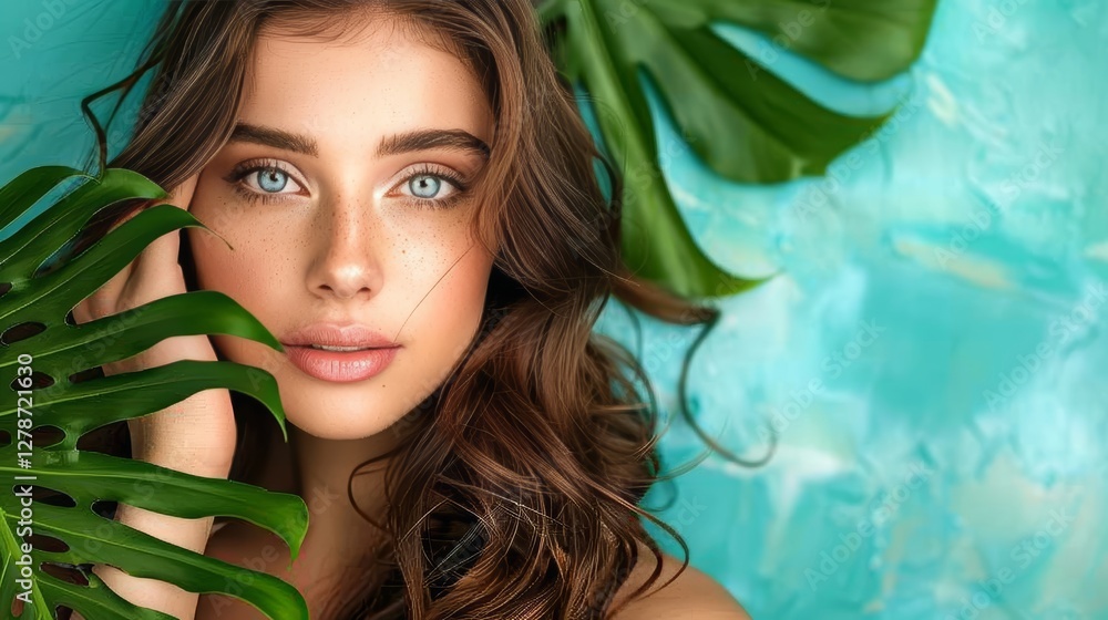 Naklejka premium Stunning portrait of a woman with smooth skin partially hidden by a lush monstera leaf