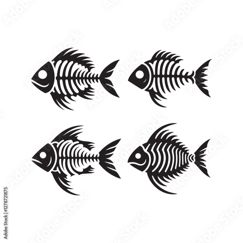 Fish skeletons, black and white illustration, stylized fishbones 