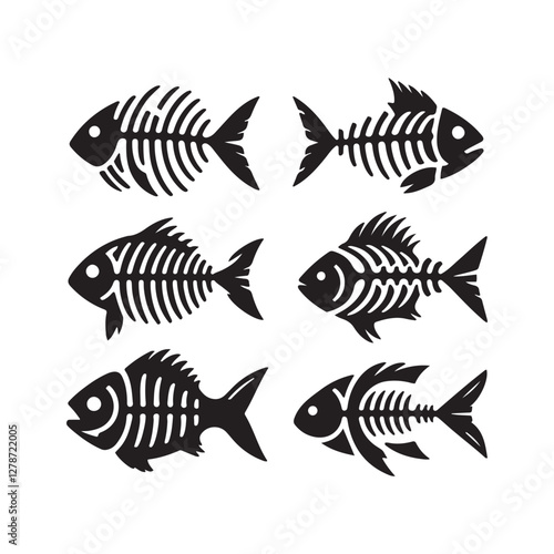 Fish skeletons, black and white illustration, stylized fishbones 