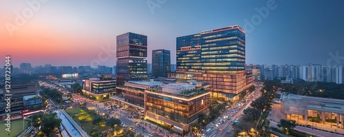A panoramic view of Delhi Business Hub at dusk, with high-rise buildings illuminated and busy streets filled with professionals and commuters