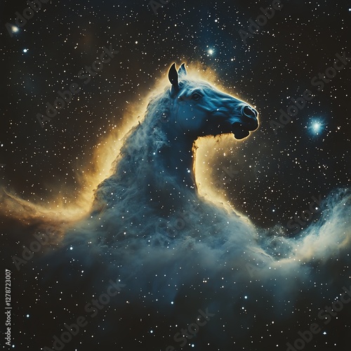 A majestic horse silhouette surrounded by a starry cosmic background. photo