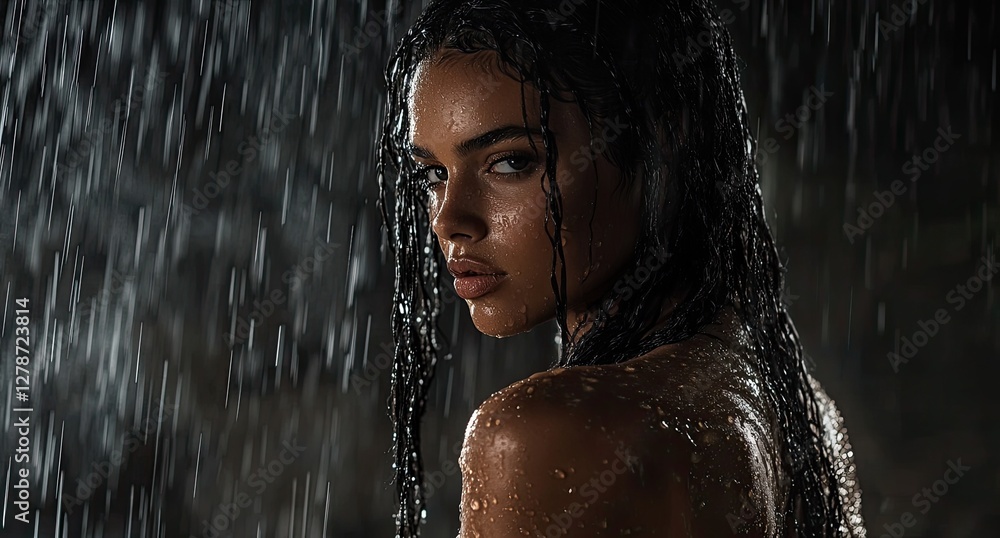 Fototapeta premium A beautiful woman with long black hair standing in the rain, with water droplets on her skin and body