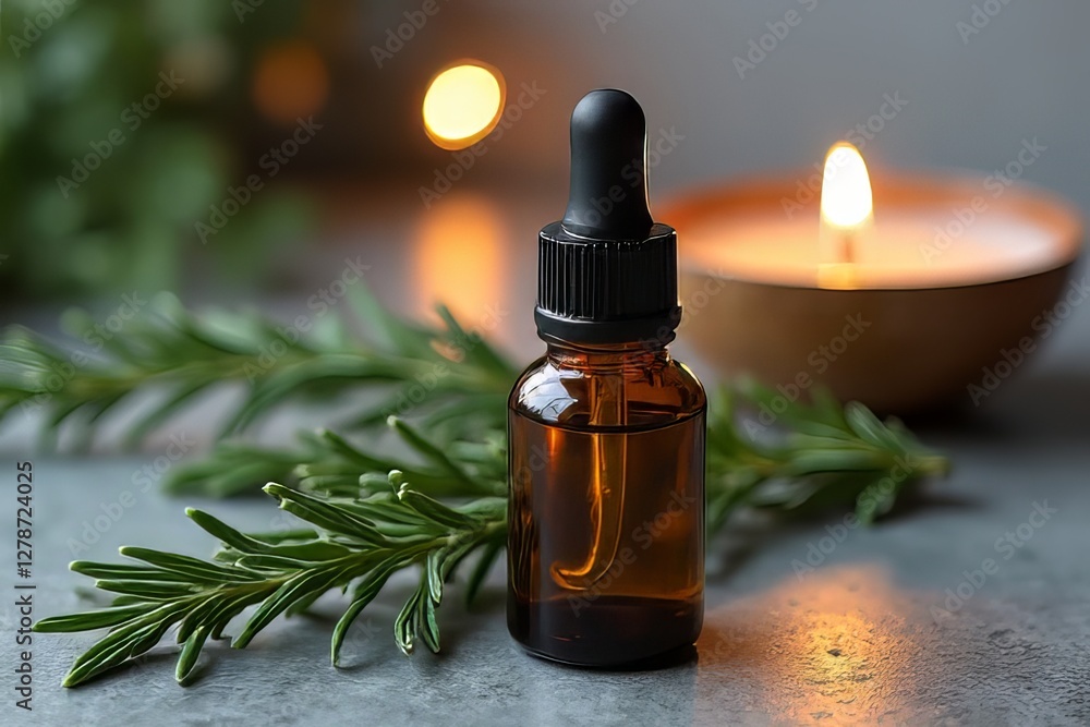 Rosemary Essential Oil in Amber Bottle with Diffuser and Candle Setting Rosemary Essential Oil in Amber Bottle with Diffuser and Candle Setting