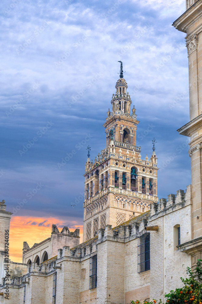 Fototapeta premium La Giralda tower or steeple part of the cathedral building, Seville, Spain.