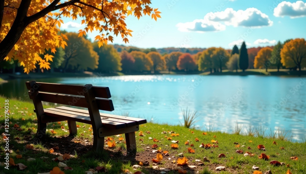 Obraz premium Wooden bench sits vacant, lake and trees backdrop , summer, peaceful