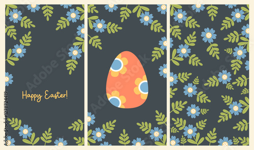Cute Happy Easter Cards with Floral Frame. Festive vertical Greeting Template with paschal egg and blue flowers on black background. Vector illustration
