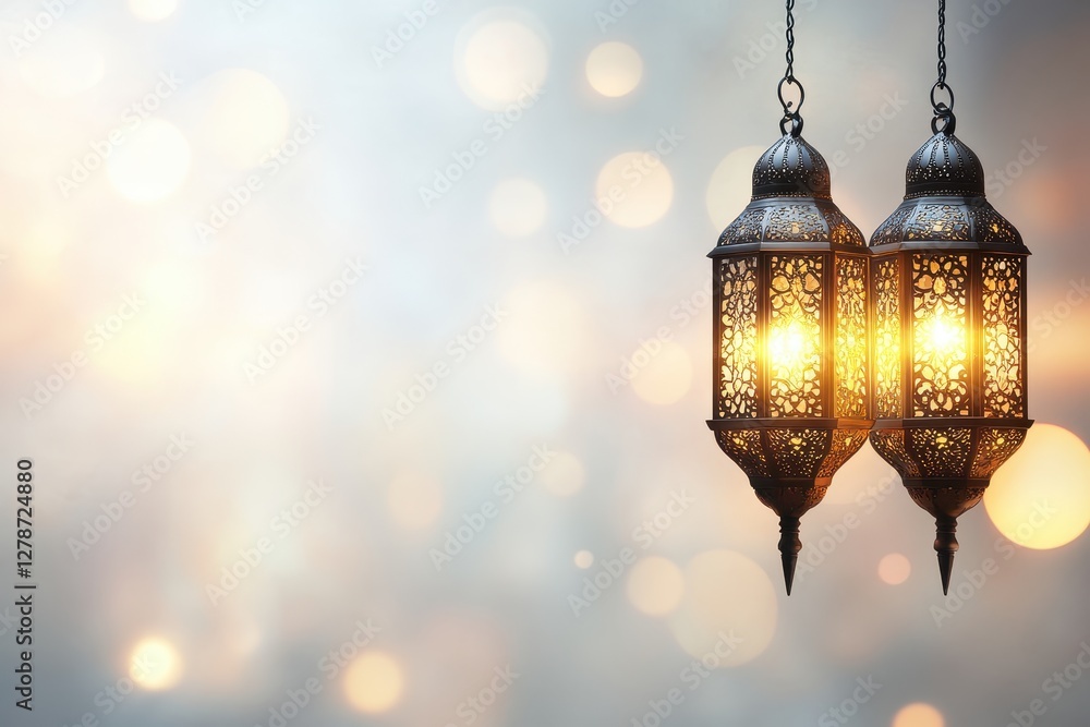 Elegant Hanging Lanterns with Warm Light and Soft Bokeh Background