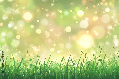 Delicate green grass glows with soft bokeh lights