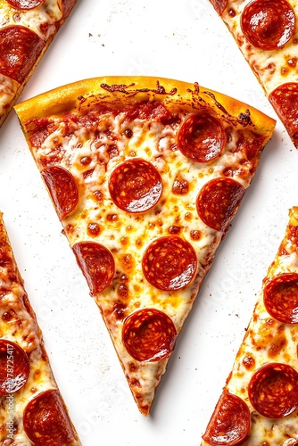 Close-up pizza slice on white background with slices photo