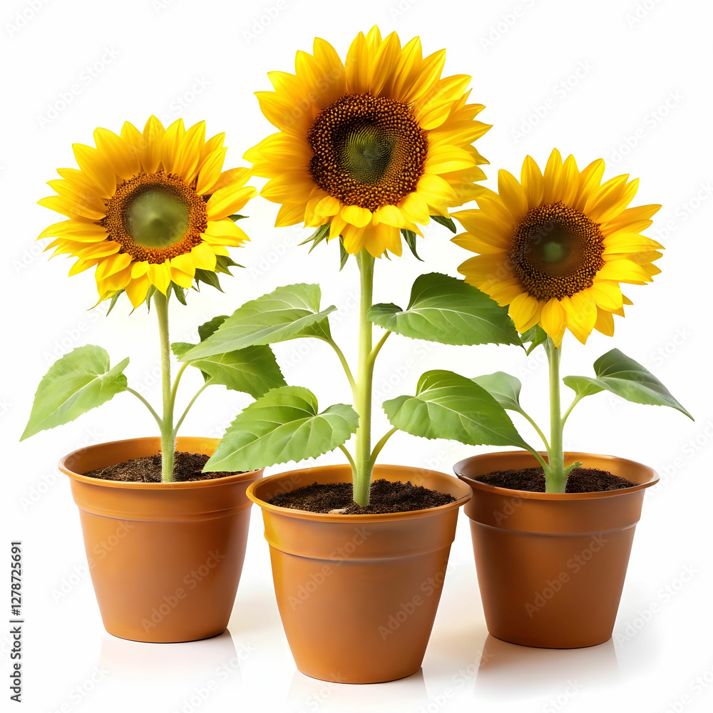 Obraz premium three pots of sunflower plants on white background