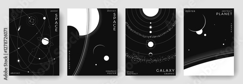 Set of abstract space astronomy backgrounds. Line art galaxy, universe, planet, solar system. Science future concept. Cosmic minimalist design for cover, poster, layout, banner, flyer, brochure