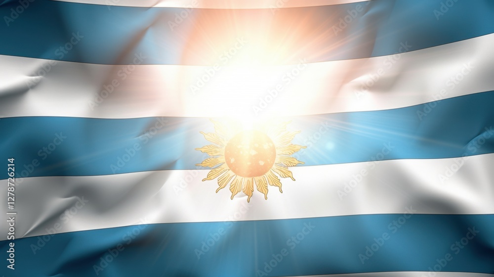 Fototapeta premium Vibrant Display of the Flag of Argentina with a Bright Sun Emblem Amidst Soft Blue and White Waves