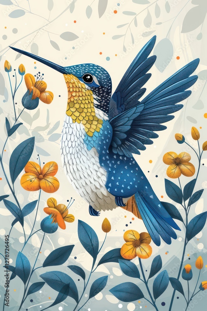 A vibrant illustration of a hummingbird surrounded by flowers and foliage. A vibrant illustration of a hummingbird surrounded by flowers and foliage.