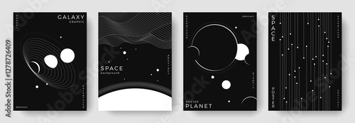 Set of abstract space astronomy backgrounds. Line art galaxy, universe, planet, solar system. Science future concept. Cosmic minimalist design for cover, poster, layout, banner, flyer, brochure