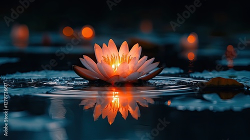 Glowing Water Lily on Calm Lake at Night
