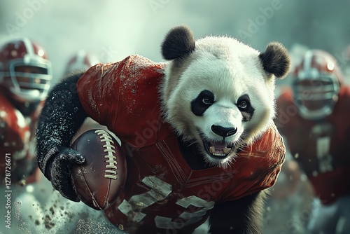 Powerful panda running back dominating american football field photo