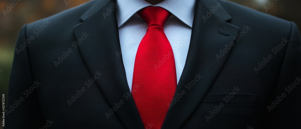 A striking red tie captures attention against a black suit, symbolizing boldness and confidence in formal attire. A striking red tie captures attention against a black suit, symbolizing boldness and confidence in formal attire.