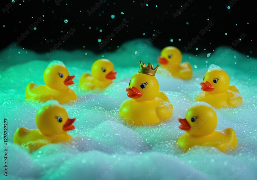 Yellow rubber ducks splash in a bathtub of soapy foam and bubbles. One of them wears a crown, symbolizing leadership Yellow rubber ducks splash in a bathtub of soapy foam and bubbles. One of them wears a crown, symbolizing leadership