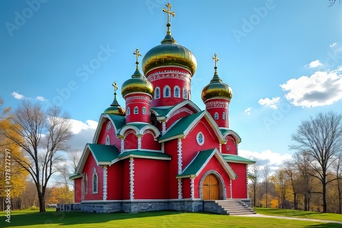 Wallpaper Mural Stunning Red and Green Orthodox Church with Golden Domes Under a Clear Sky Torontodigital.ca