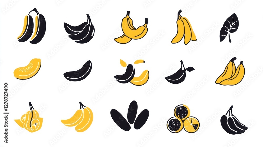 Yellow and black banana icons, fruit illustration, graphic design, website asset Yellow and black banana icons, fruit illustration, graphic design, website asset