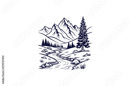 mountain river landscape clip art vector illustration