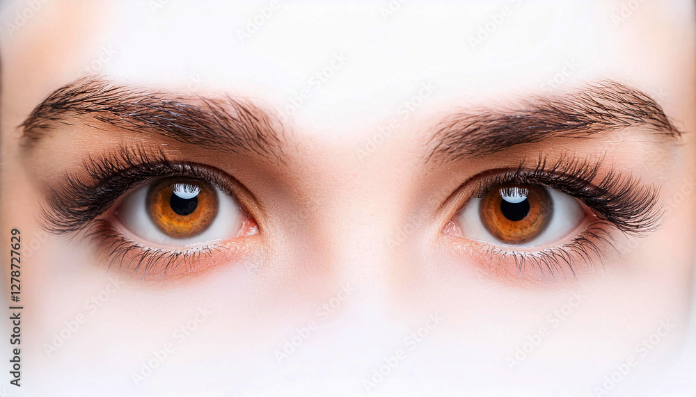 Fototapeta premium human eyes with a striking amber brown iris, detailed eyelashes, well groomed eyebrows, emphasizing the eyes beauty and intensity, vision, eye health, emotions, beauty