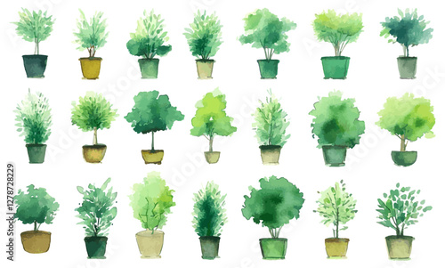 Vector design illustration collection of hand drawn houseplants in watercolor style