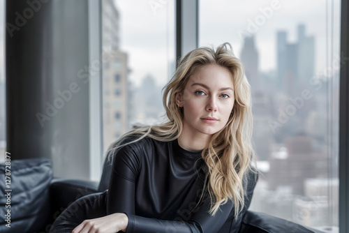 Blonde woman wearing a black outfit, sitting by a large window overlooking an urban skyline, with soft natural lighting Free Download Blonde woman wearing a black outfit, sitting by a large window overlooking an urban skyline, with soft natural lighting - GFXLoad