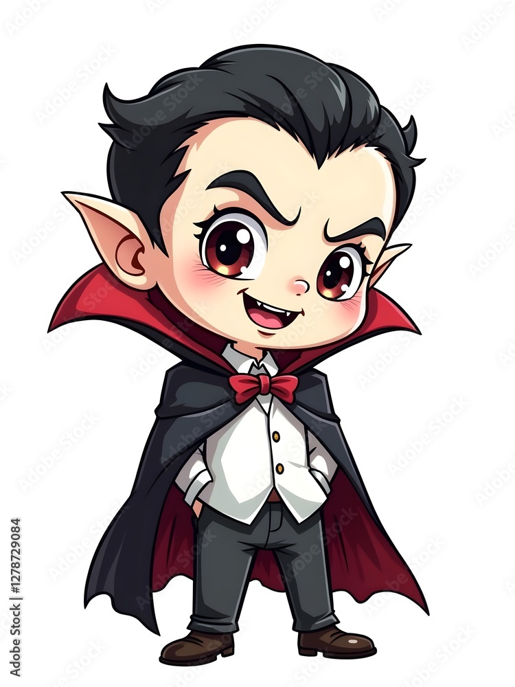 A cute cartoon version of a vampire character with red eyes, a cape, and a mischievous smile. A cute cartoon version of a vampire character with red eyes, a cape, and a mischievous smile.