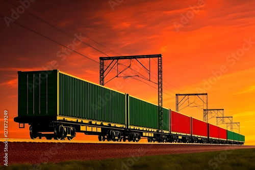 Freight Train Sunset 3D Ill...