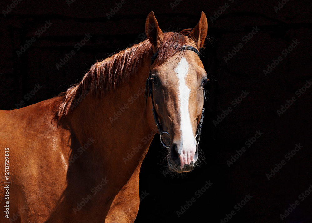 Sorrel thoroughbred race horse with classic bridle portrait in dark background