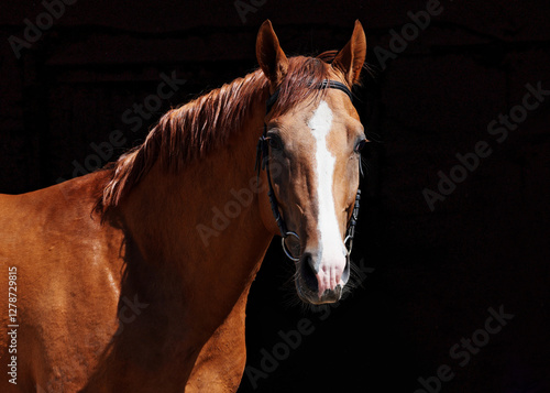 Obraz na płótnie Sorrel thoroughbred race horse with classic bridle portrait in dark background w salonie