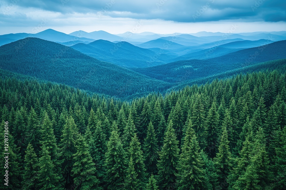 Lush green forest stretches across rolling mountains under moody